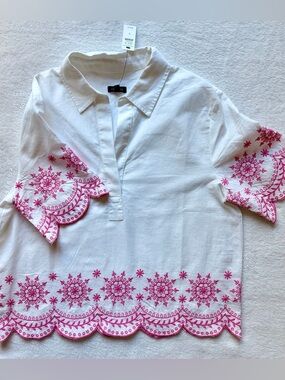 Talbots White Cotton/Linen Top with Pink Embroidered Trim